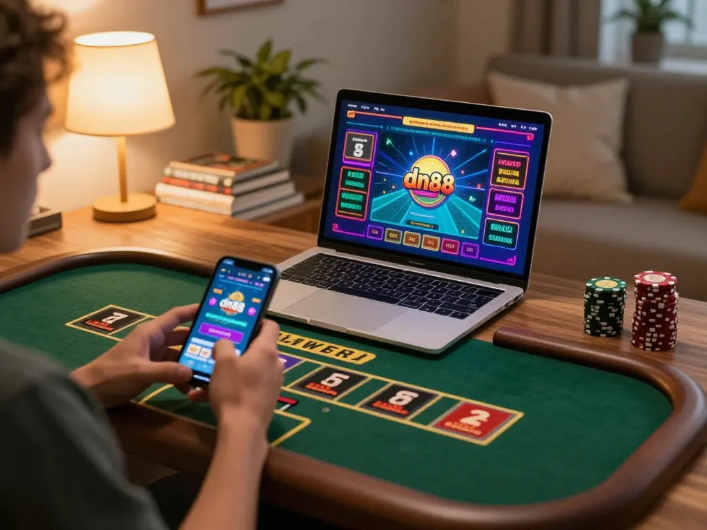 Player enjoying live dealer game on laptop, showcasing dn88 gaming experience in cozy home setup