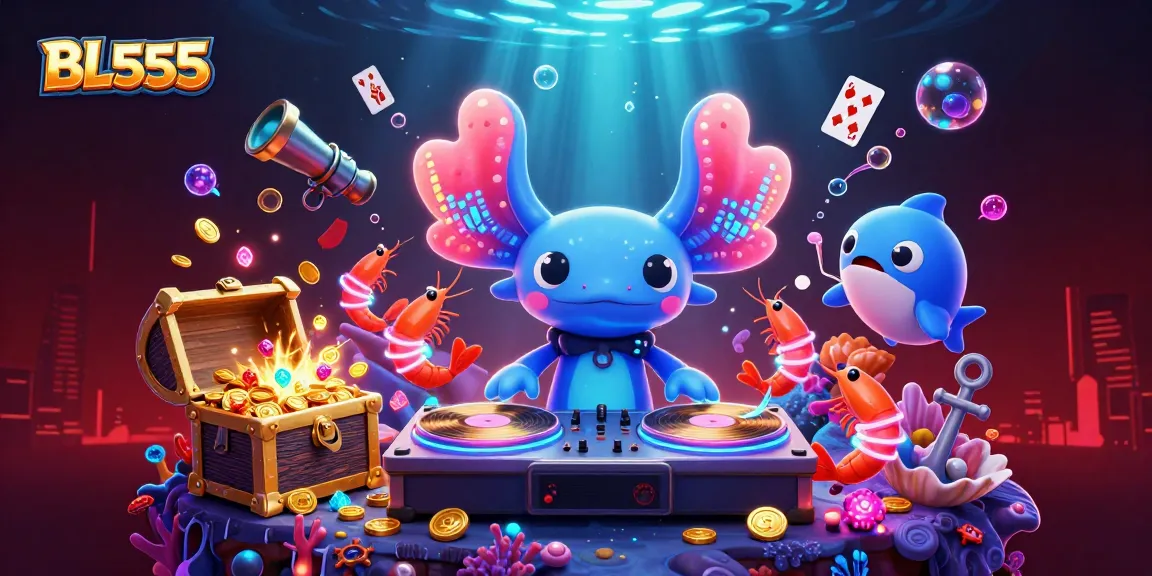 Engage in exciting games at BL555, featuring vibrant characters in a dynamic underwater casino scene.