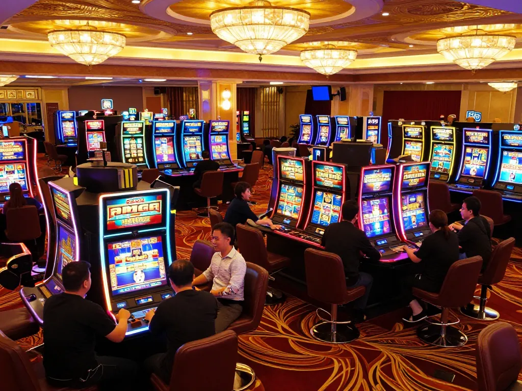 Players enjoying thrilling slot machines at qq88 casino, showcasing excitement and luxury gaming.