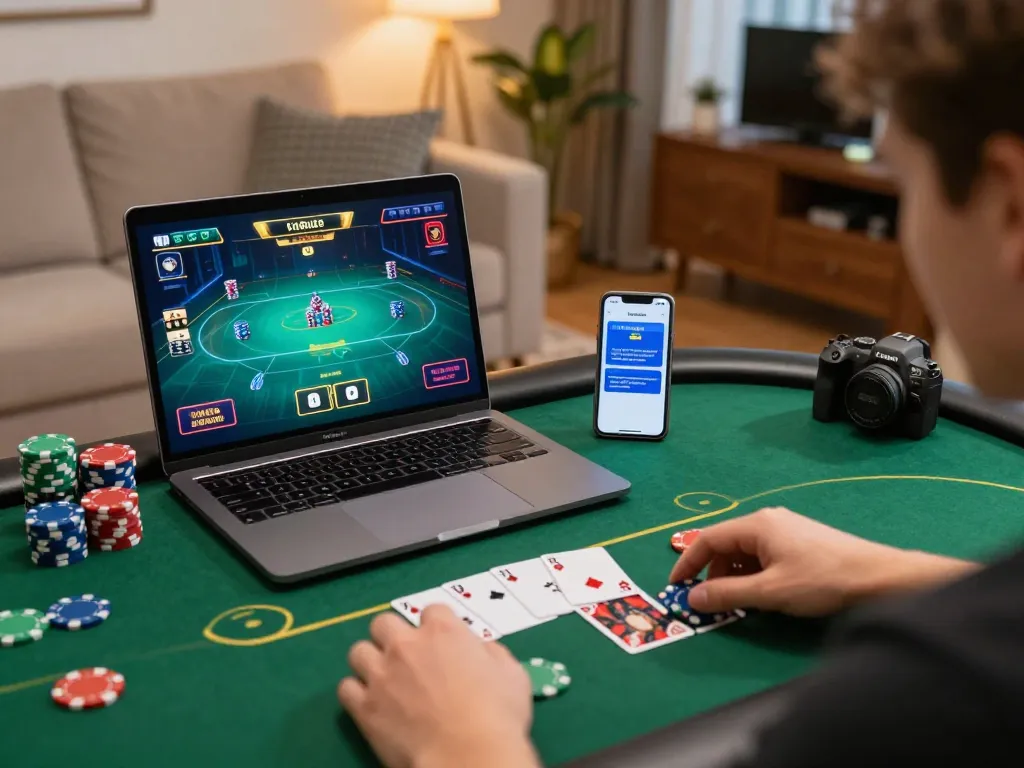 Engaging online poker gameplay on uu88games, showcasing chips and cards in a cozy gaming setup.
