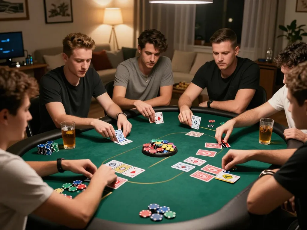 Nohu1 poker table filled with friends making strategic plays, vibrant chips, cozy home setting