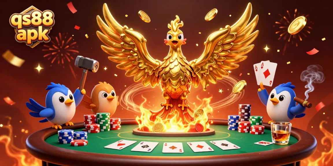 Experience winning excitement with qs88 apk as a golden phoenix rises in a vibrant casino scene.