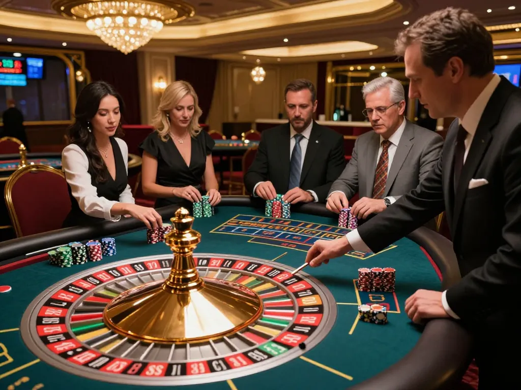 Luck8 enthusiasts placing bets at a roulette table in a luxurious casino environment, capturing the excitement of strategic gameplay.