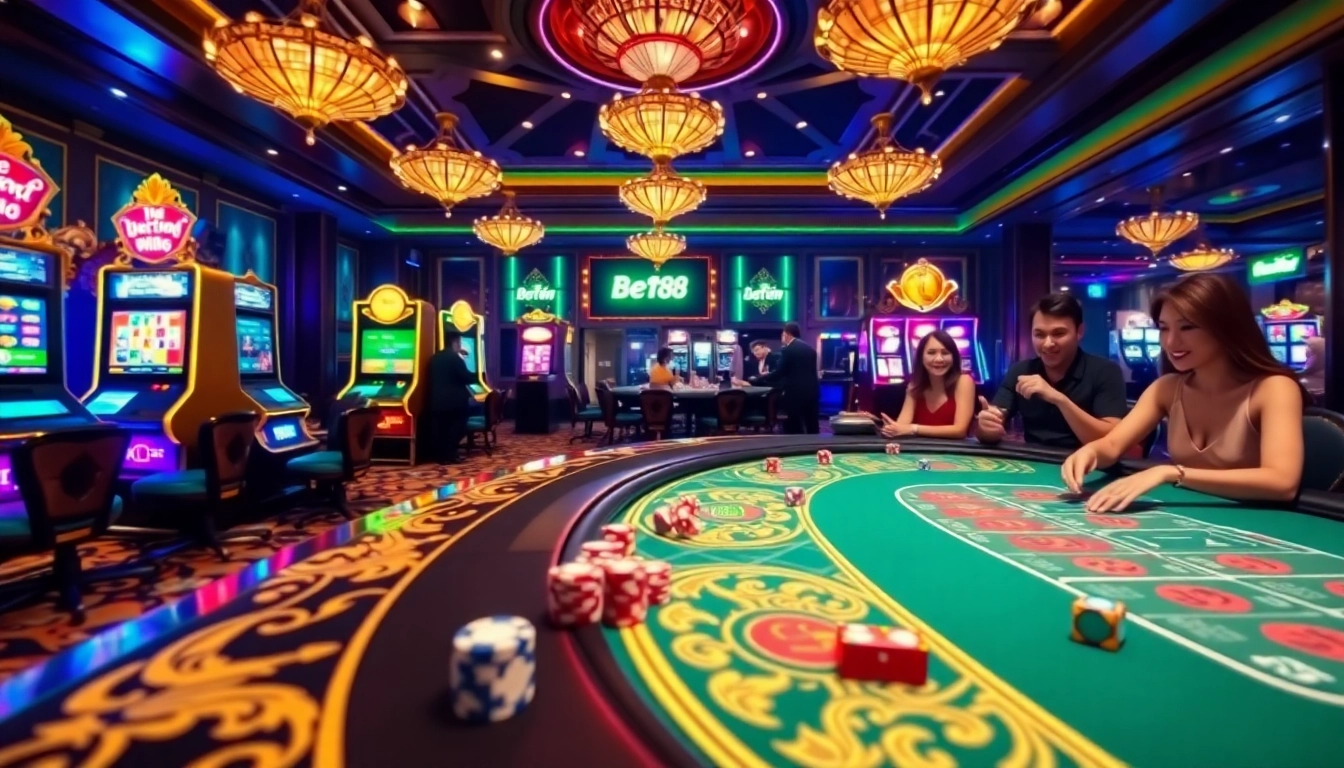 Excitement at Bet88 with casino games, vibrant slot machines, and poker action.