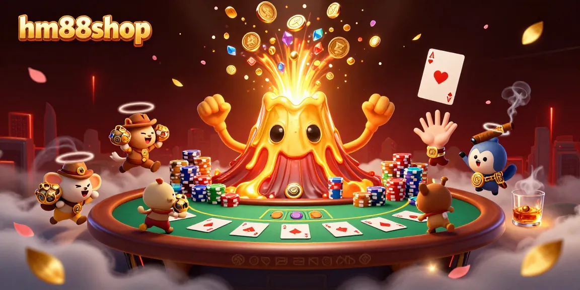 hm88shop showcases a vibrant, colorful 3D casino scene with treasure hunters and poker elements.