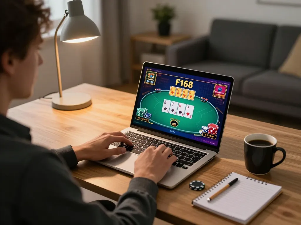 Player engaged in online gaming at F168, showcasing poker interface and strategic planning