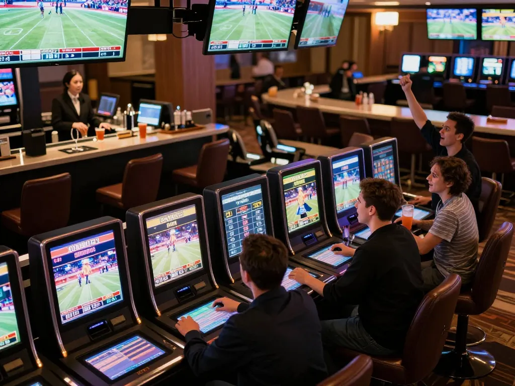 sin88 sports betting lounge with live screens and players placing bets