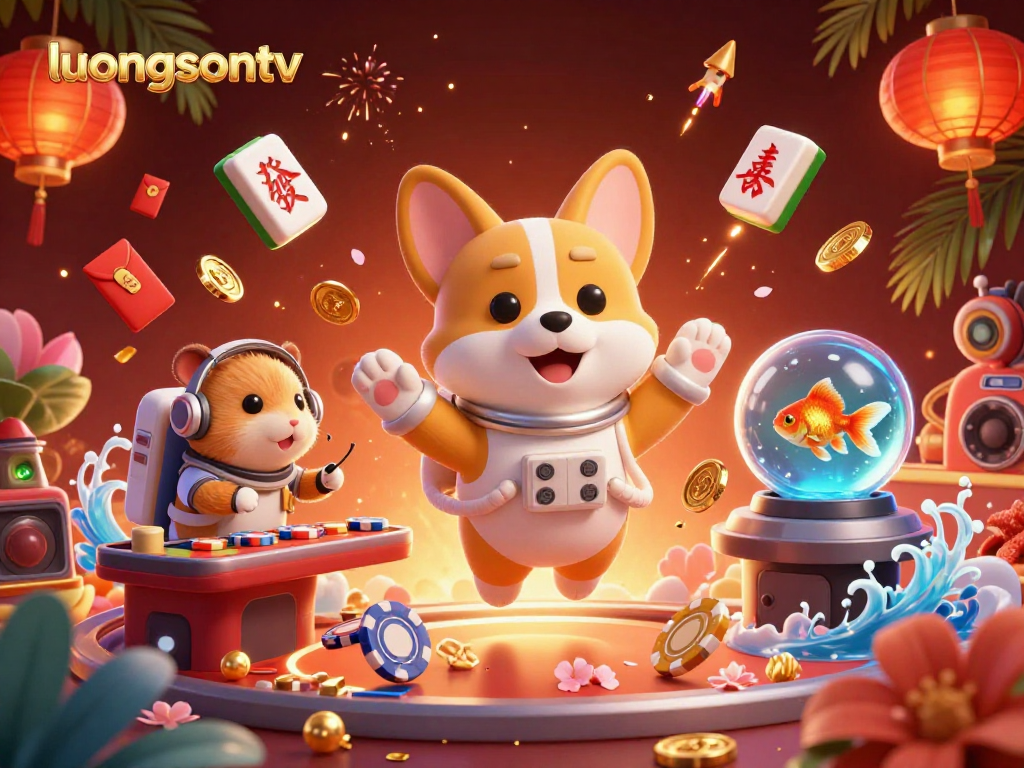 Experience exciting gaming with luongsontv as the astronaut corgi floats amidst poker chips and gold coins.