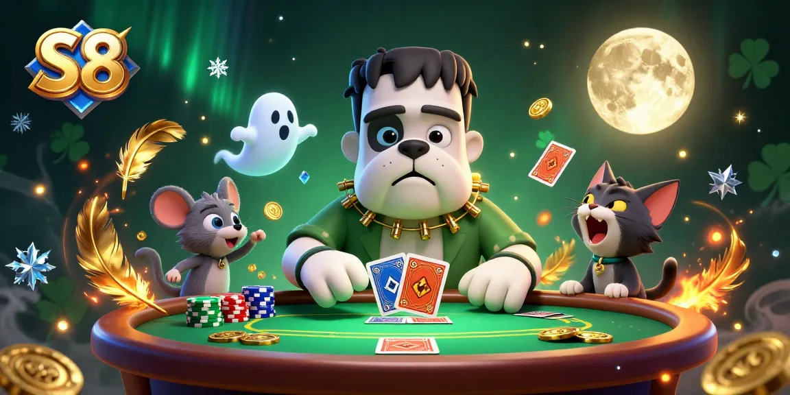 S8 casino illustration with a Frankenstein bulldog dealing cards, surrounded by poker elements.