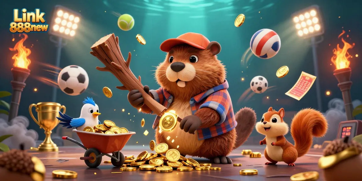 Join the game with Link 888new: a lively scene showcasing a beaver, bird, and squirrel surrounded by gold coins and sports elements.