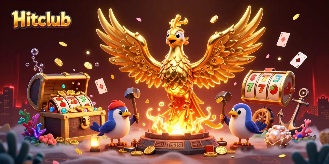 Hitclub captivates players with golden Phoenix and slot reels in a vibrant casino scene.