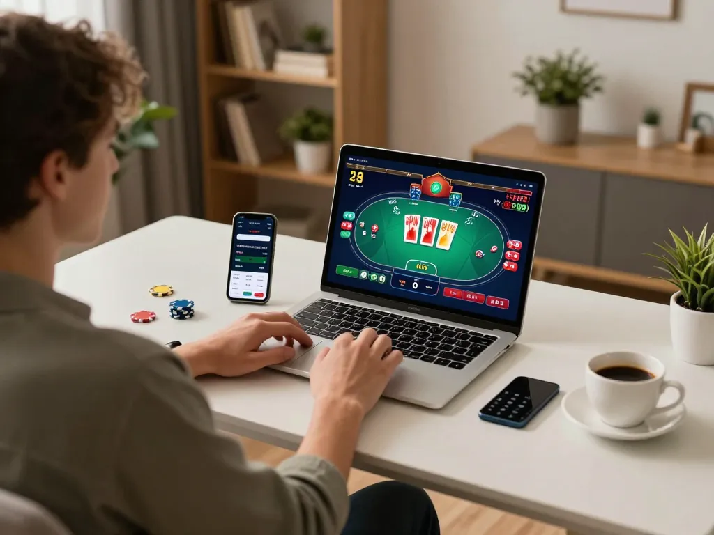 Engaging in online poker gaming on ku88q platform, highlighting cozy setup and strategic gameplay.