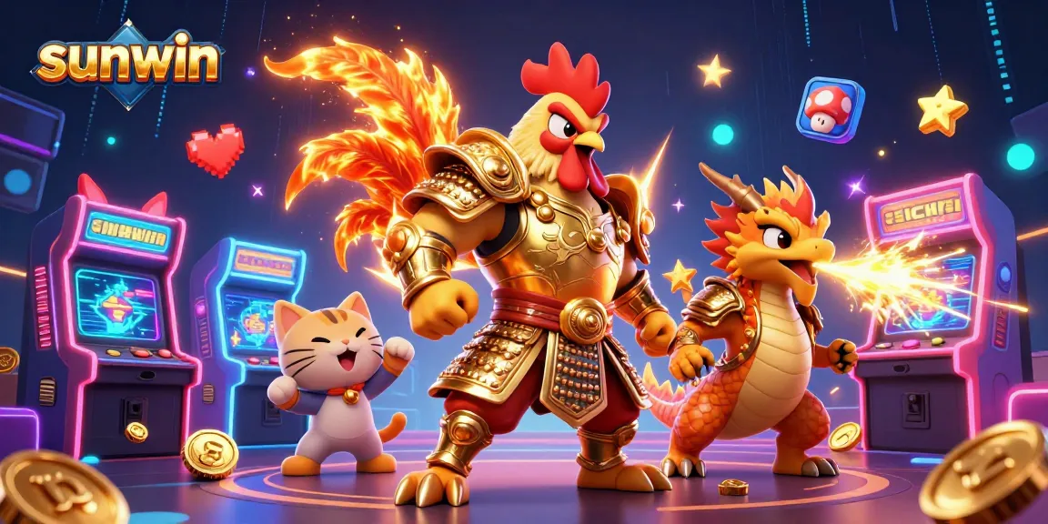 Experience the excitement of sunwin with a powerful rooster warrior and dragon in this dynamic casino scene.