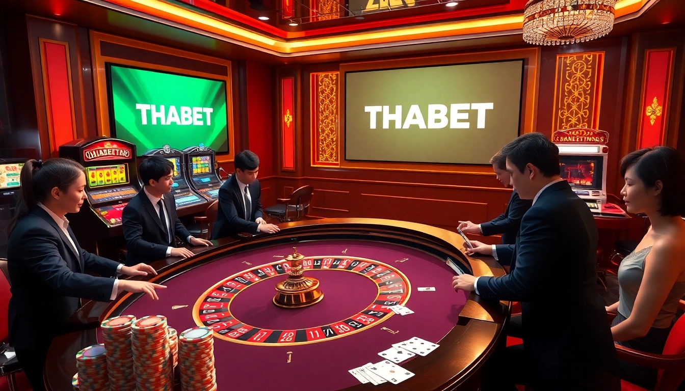 Players enjoying high-stakes games at THABET's thrilling casino tables, busy with action.