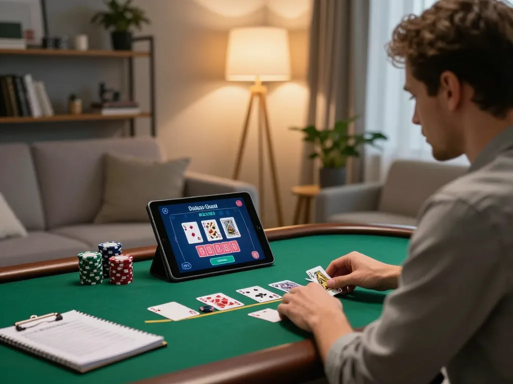 Player enjoying lc88 blackjack gameplay on tablet in modern living room, showcasing ambitious gambling experience.