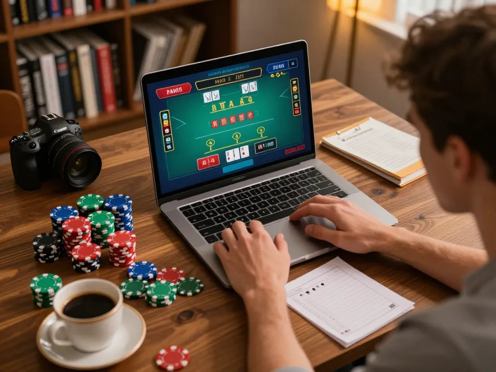 KJC player engaged in an online blackjack game at home with strategic notes and colorful chips.