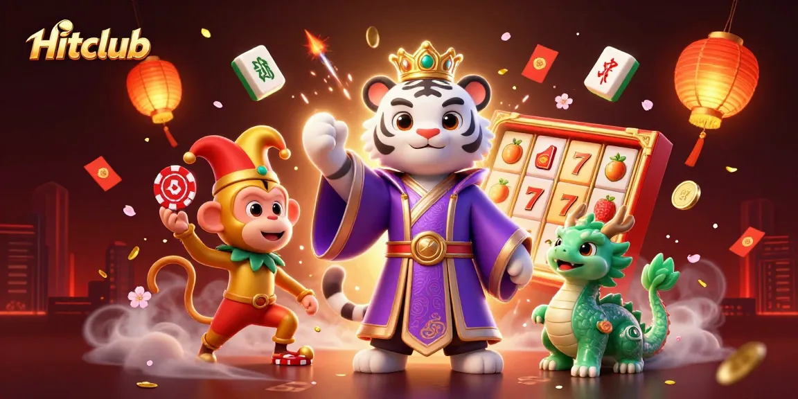 Hitclub features an engaging scene with a royal tiger and playful monkey surrounded by casino elements.