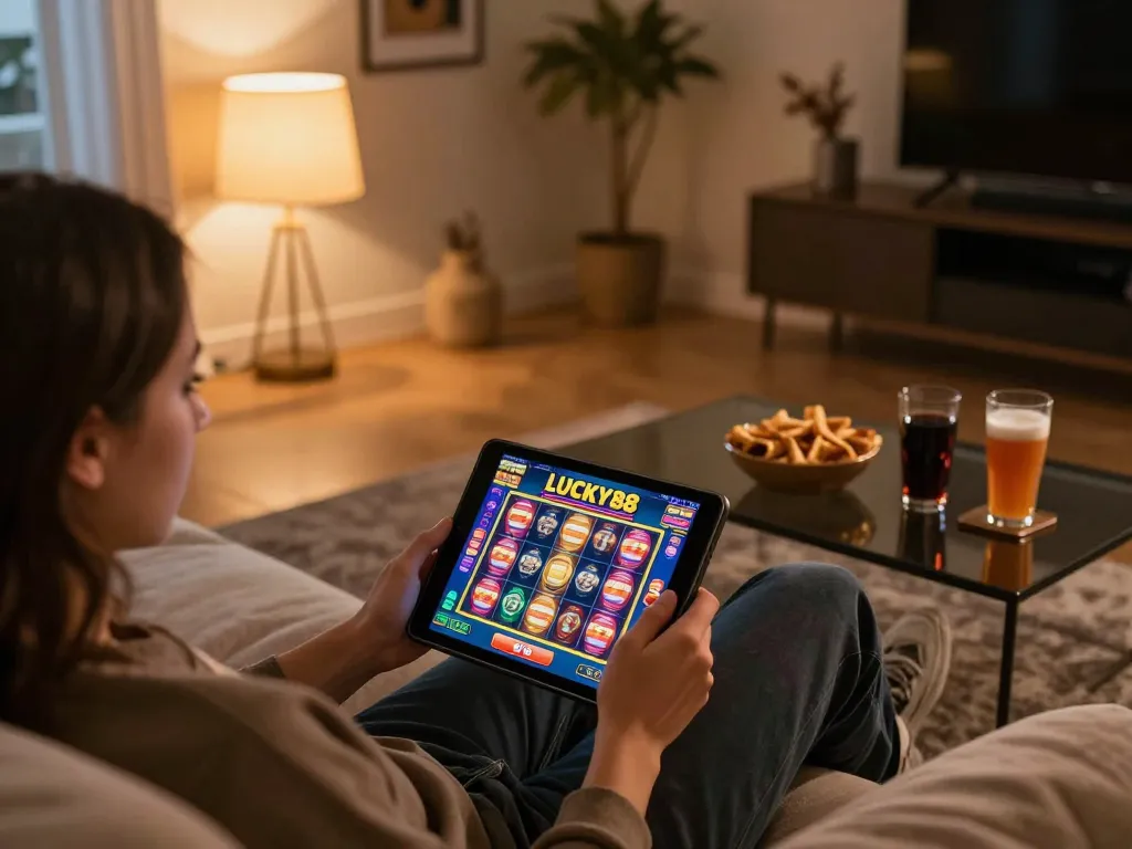 Engaging with LUCKY88 casino games on a tablet in a cozy home setting