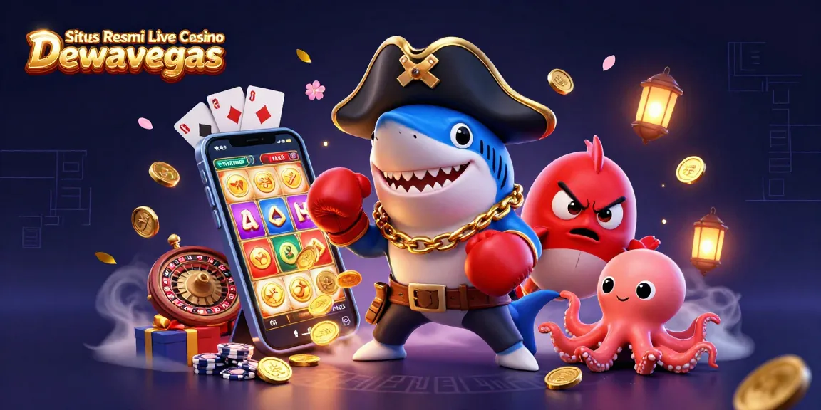 Situs Resmi Live Casino Dewavegas offers thrilling experiences with pirate and aquatic characters in a vibrant casino scene.