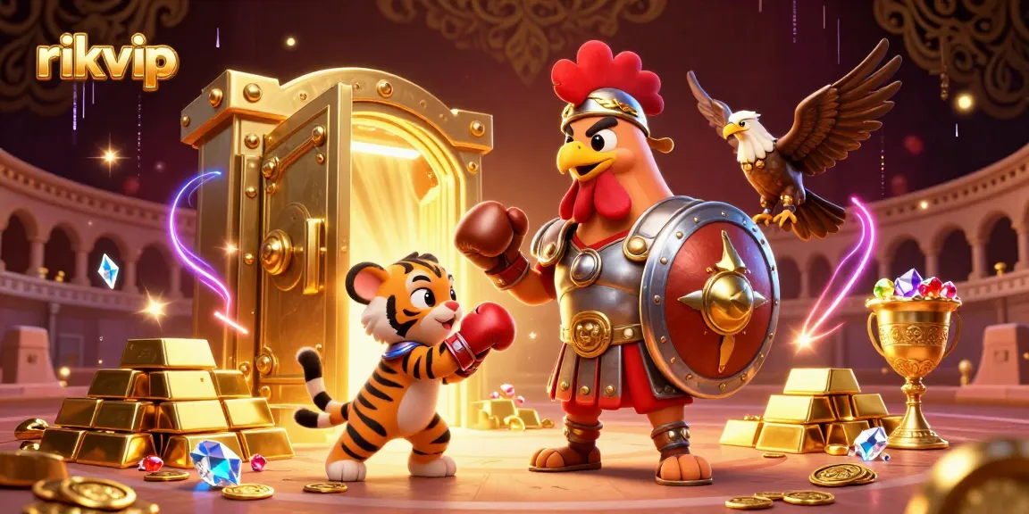 Experience the thrill at rikvip in this vibrant 3D illustration of a gladiator rooster and treasure.
