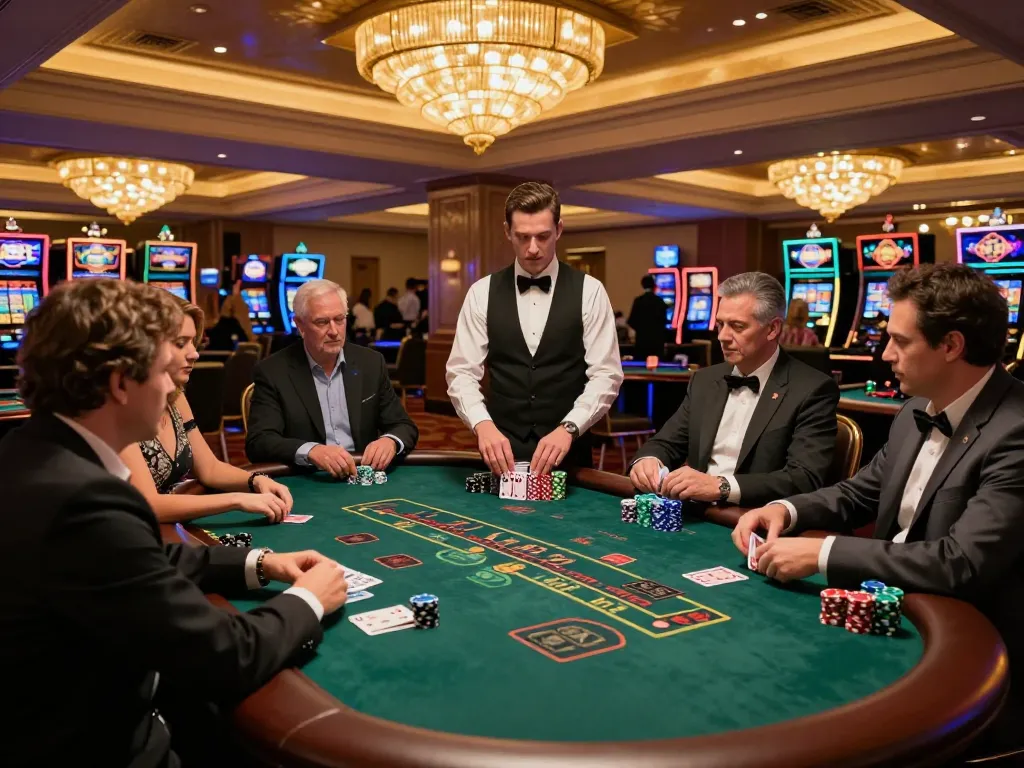 VT88 players experiencing high-stakes excitement at an upscale blackjack table in a glamorous casino.