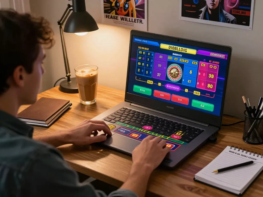 Player engaged in Jdclub9vip online roulette, betting actively in a cozy home office.