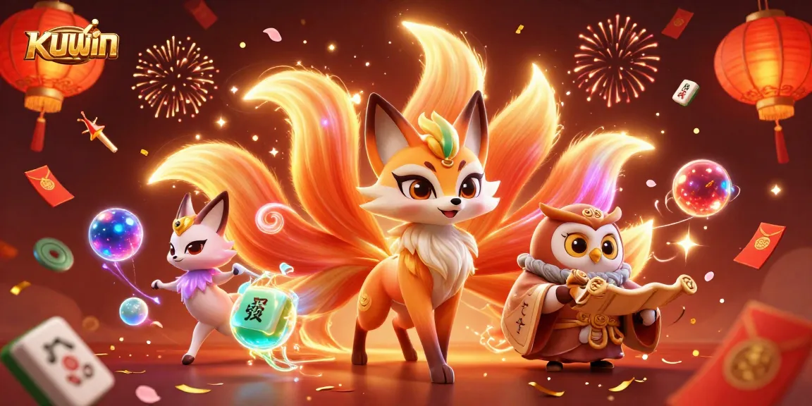 Experience excitement at KUWIN with a dazzling 3D illustration of vibrant gambling elements and magical characters.