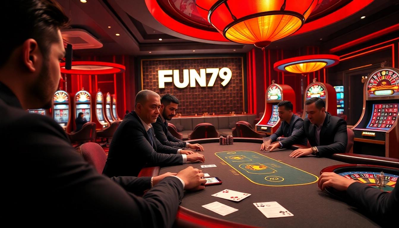 Experience the excitement at FUN79's professional casino with players engaging at a high-stakes poker table.