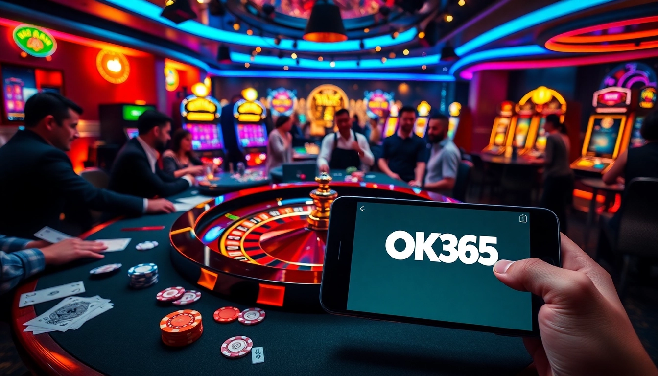 Players enjoying exciting games at OK365’s vibrant online casino, with roulette and slot machines featured.