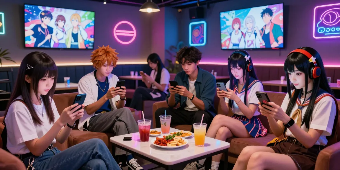 Dynamic group enjoying hentai ai chat in an anime-themed lounge, showcasing vibrant fashion and fun atmosphere.