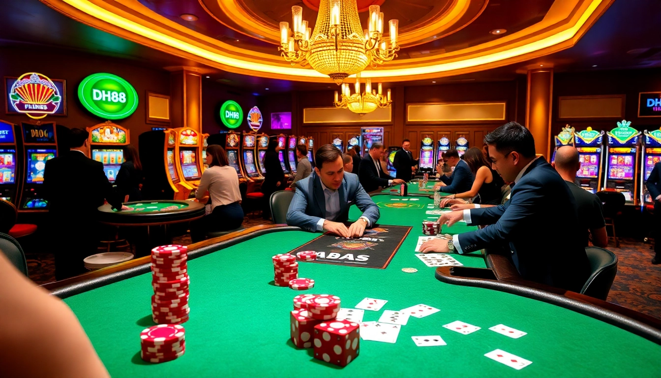 Exciting DH88 table action with dealers and celebrating players in a luxury casino.