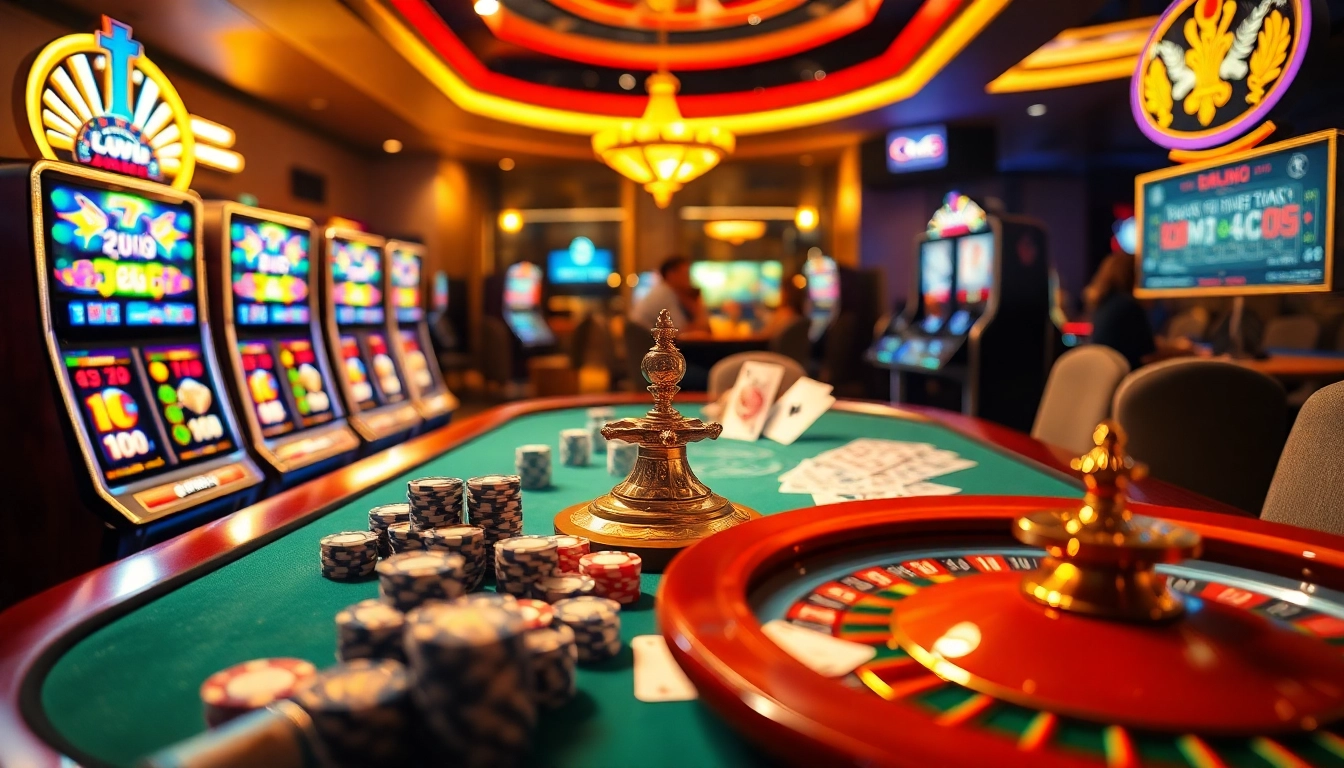 Exciting gambling action at nhà cái lc88 featuring casino tables, poker chips, and vibrant slot machines