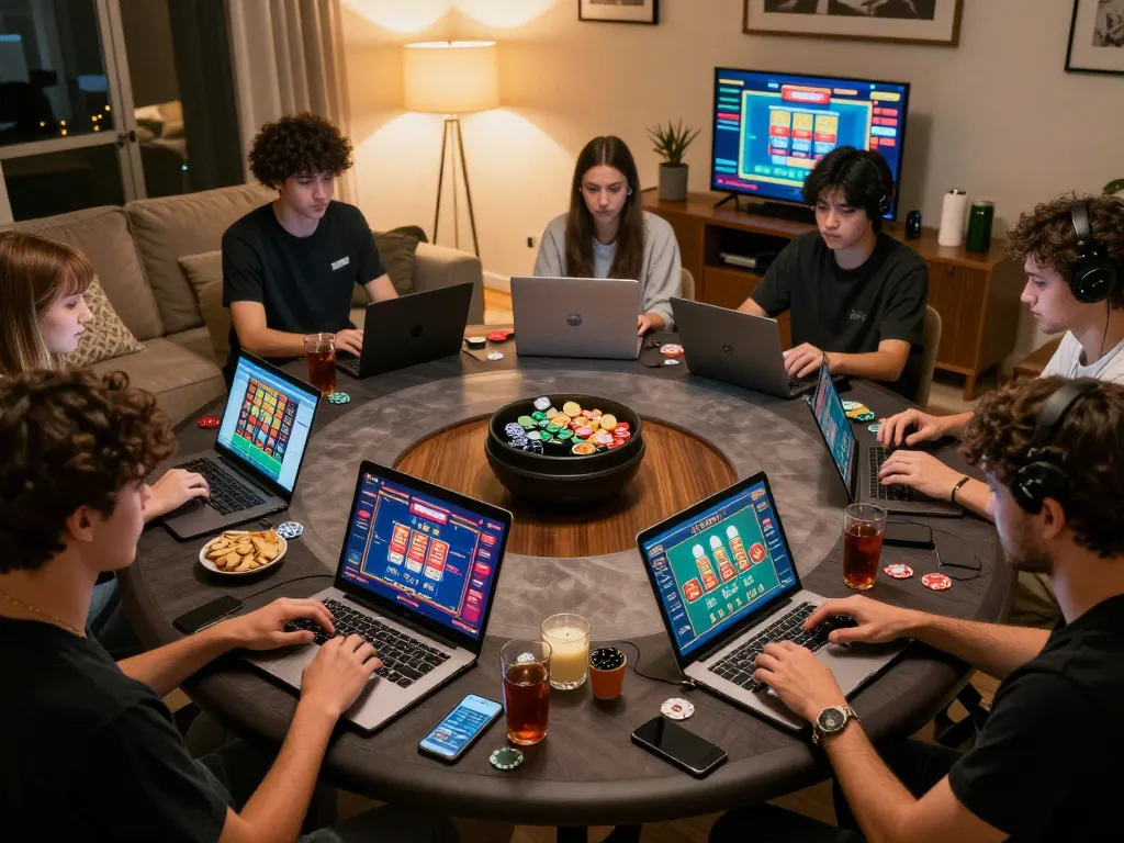 Players enjoying online casino games on their devices in a cozy home setting, showcasing lode88vi