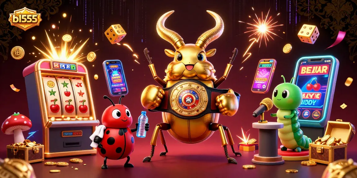 Win big at bl555 with a giant golden stag beetle facing off in a dynamic casino illustration filled with jackpots.