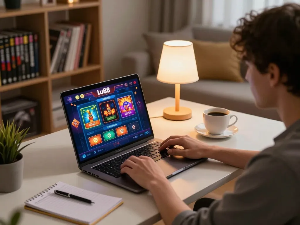 Engaging in a thrilling lu88 game on a laptop at a cozy home gaming setup, showcasing vibrant casino graphics.