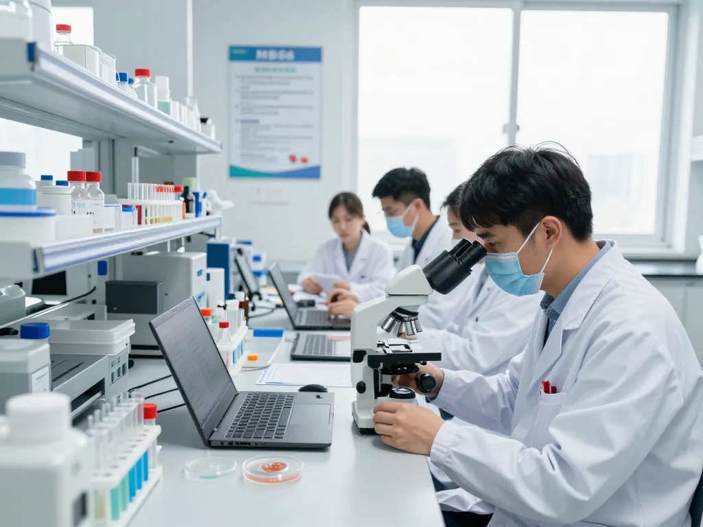 Researchers analyzing data and samples for MB66 development in a bright laboratory.