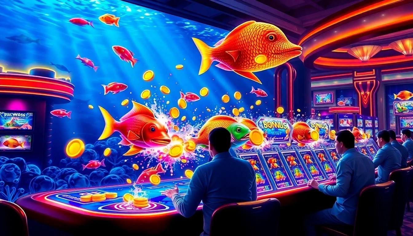 Bắn cá đổi thưởng game showcasing players winning big as animated fish explode with coins in a vibrant underwater casino scene.