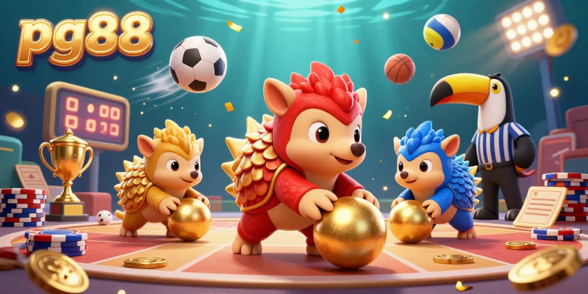 Engage with pg88 in this thrilling casino scene featuring rival pangolins competing amidst vibrant poker chips and sports elements.
