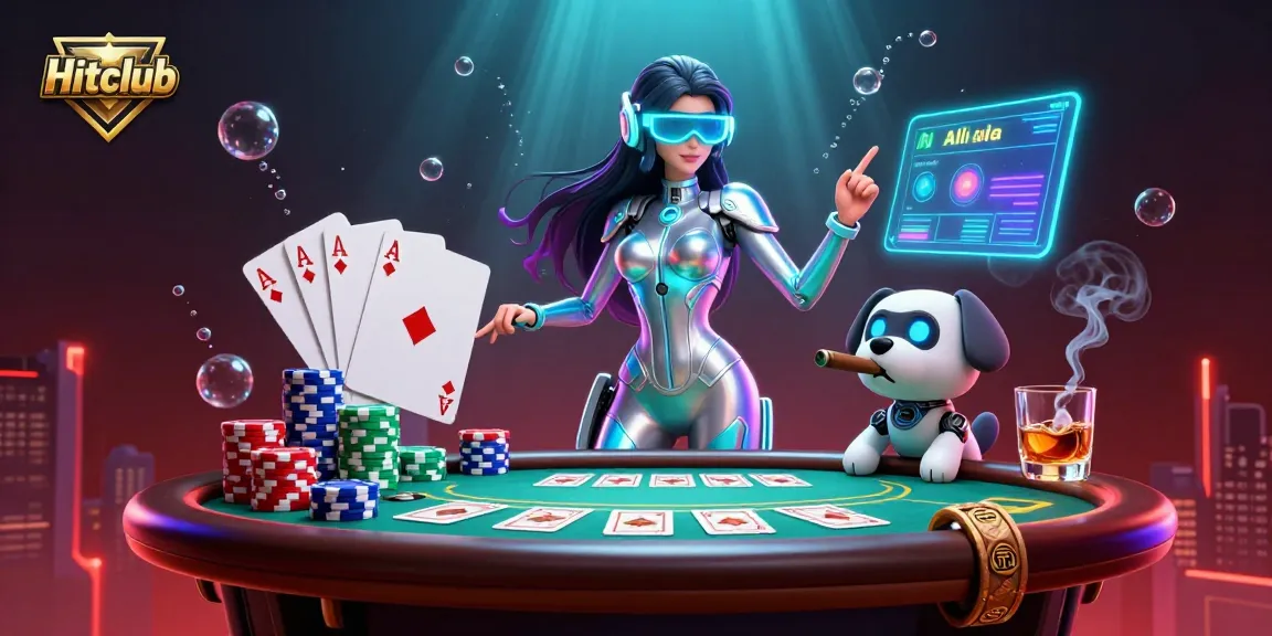 Engage with Hitclub's immersive gaming experience in a vibrant 3D casino illustration featuring a futuristic woman and robot dog.