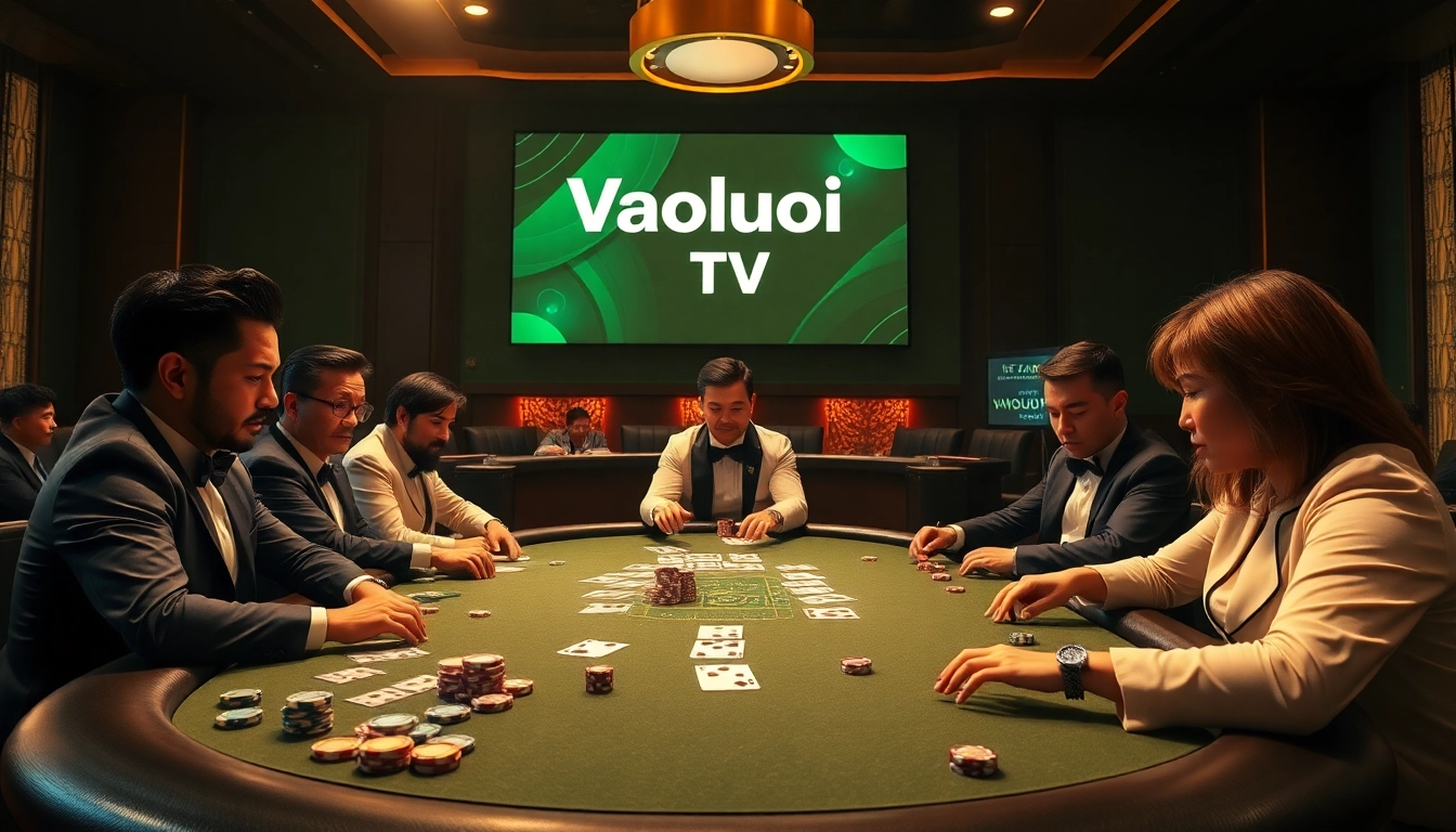 Exciting gambling action at a poker table with Vaoluoi TV branding in the background.