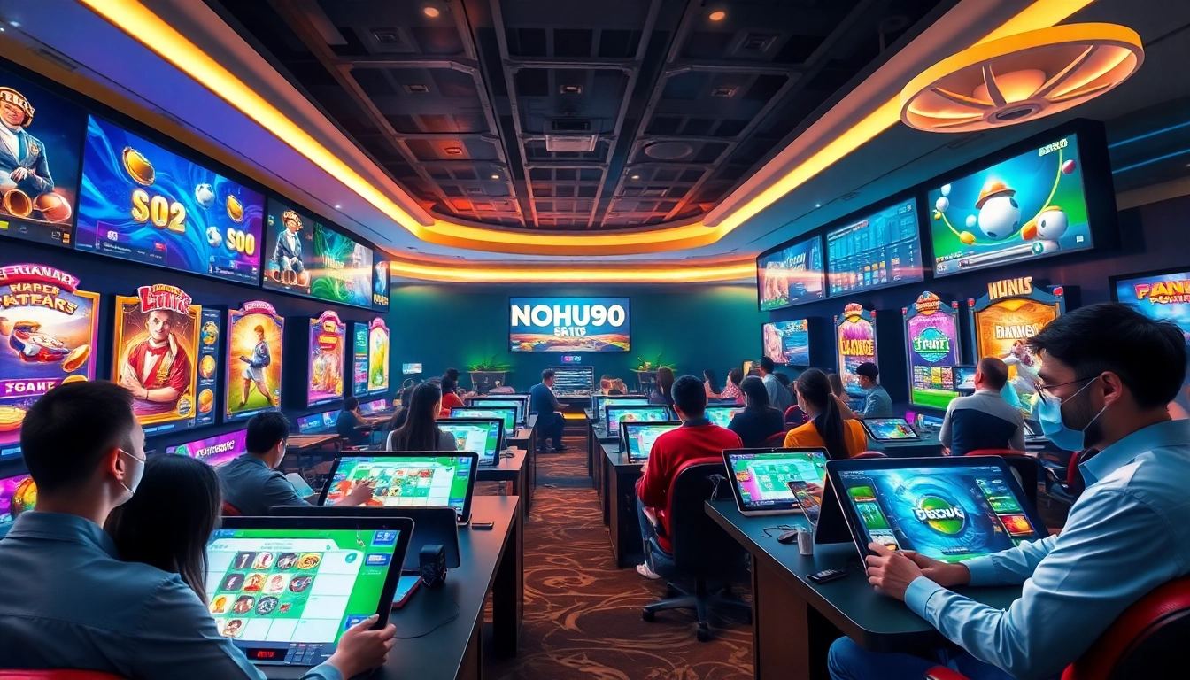 NOHU online gaming interface showcasing vibrant slots and sports betting environments.