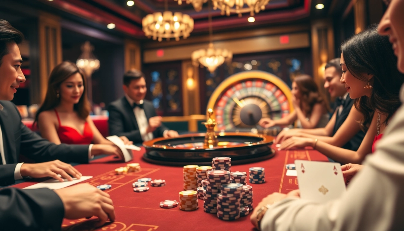 Nha cái uy tín 32win casino scene with excited players at a luxurious table.
