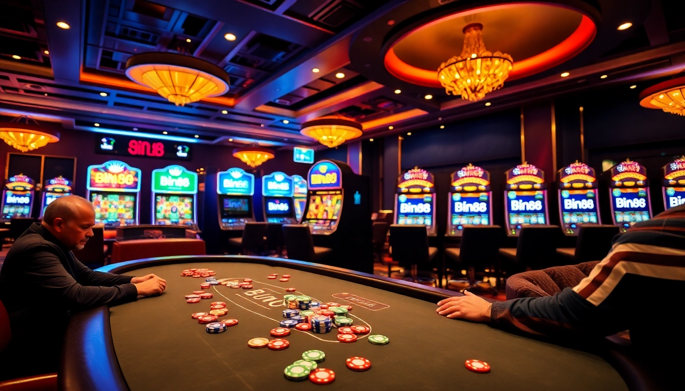 Experience the thrilling atmosphere of Bin88 with poker action and vibrant slot machines.
