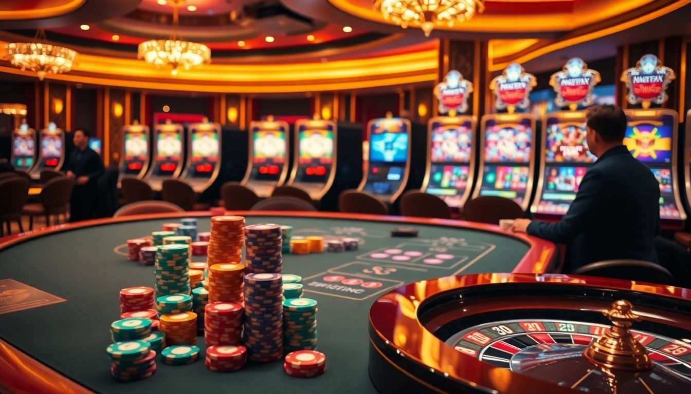 Exciting gambling experience at GA6789 with vibrant poker chips, roulette, and slot machines.