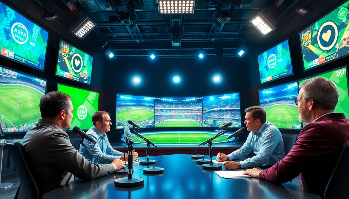 Sports Broadcasting hosts in a modern studio discussing live events with vibrant energy.
