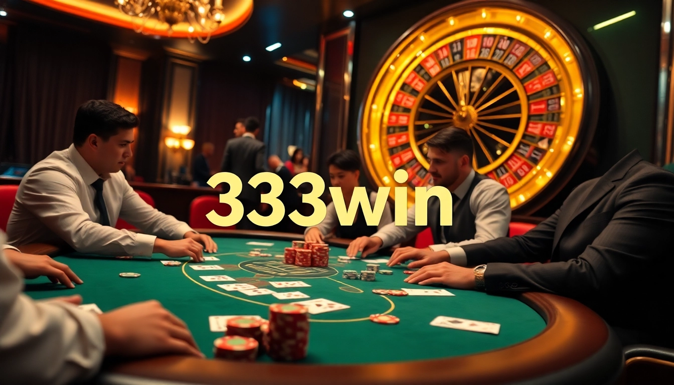 Players strategizing at a 33win poker table in a luxurious casino setting.