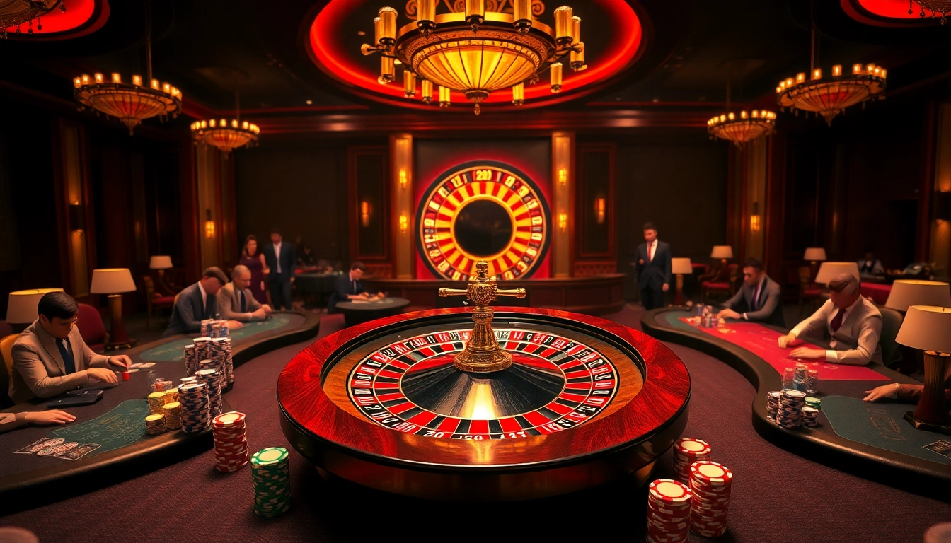 S8 Bet players enjoying a luxurious casino atmosphere with roulette and poker tables.