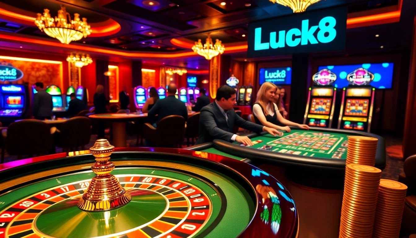 Luck8 casino environment highlighting a roulette table and poker players, showcasing excitement and luxury.