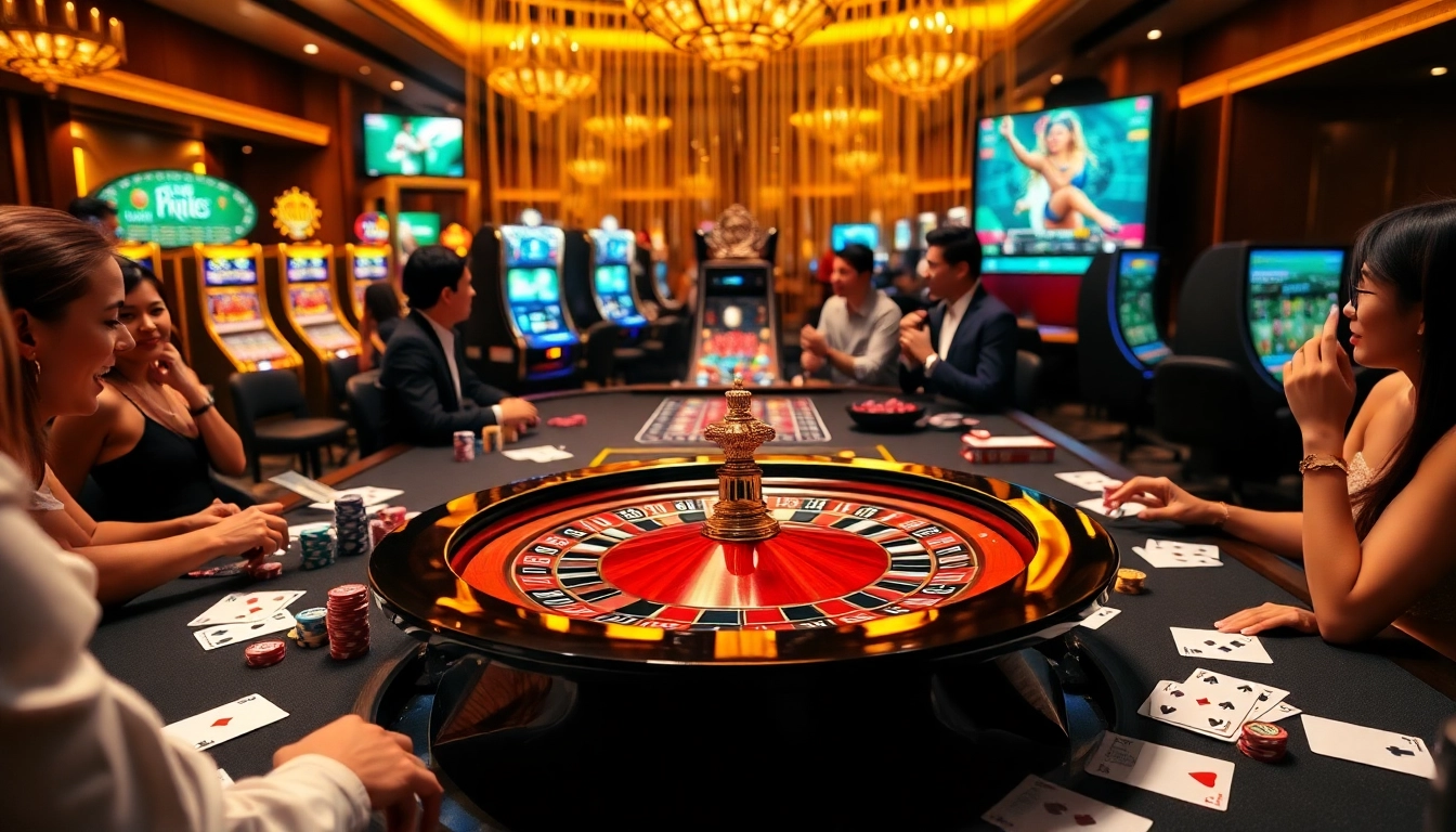 Nohu90 casino scene with poker chips, roulette, and excited players enjoying gameplay.