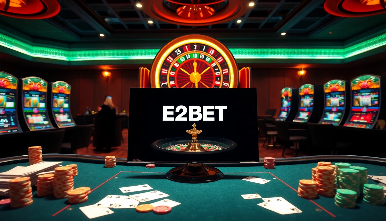 Experience the excitement of online gambling at trang chủ E2BET with vivid casino tables and slot machines.